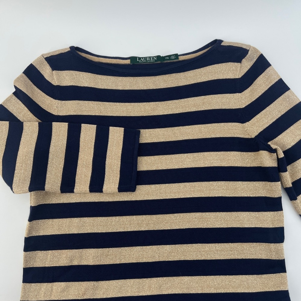 Lauren Ralph Lauren Navy Gold Metallic Striped Boat Neck Sheath Dress Petite S